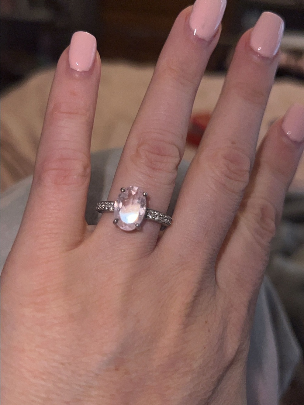 Sterling Silver Oval Rose Quartz with Pavé Band